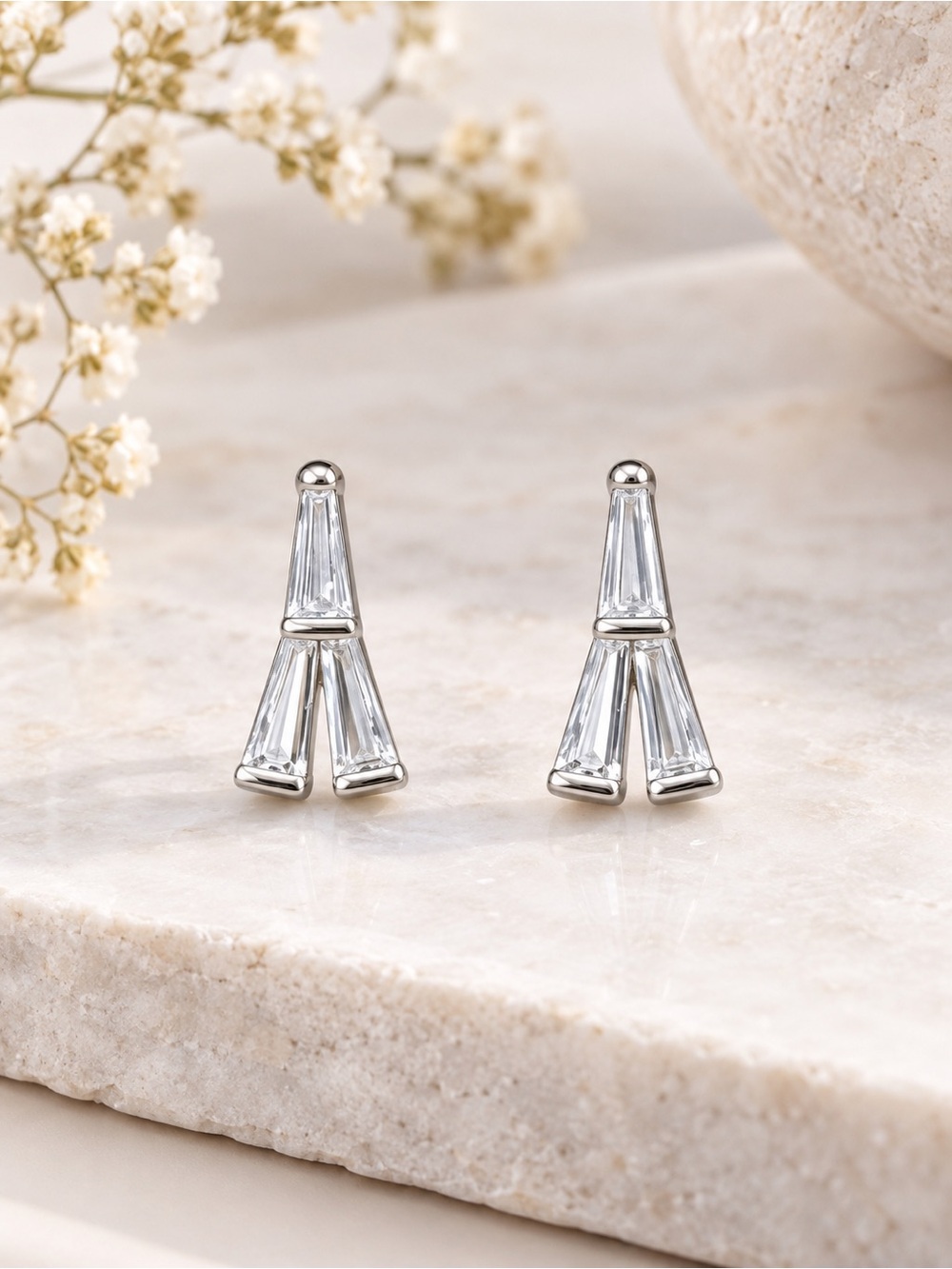 Silver Tone Geometric Stud Earrings Minimalist Art Deco Style